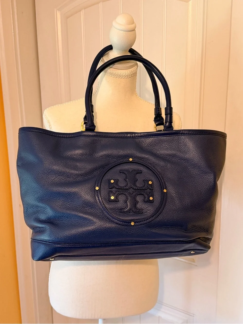 Tory Burch Deep Navy Pebbled Leather Logo Tote